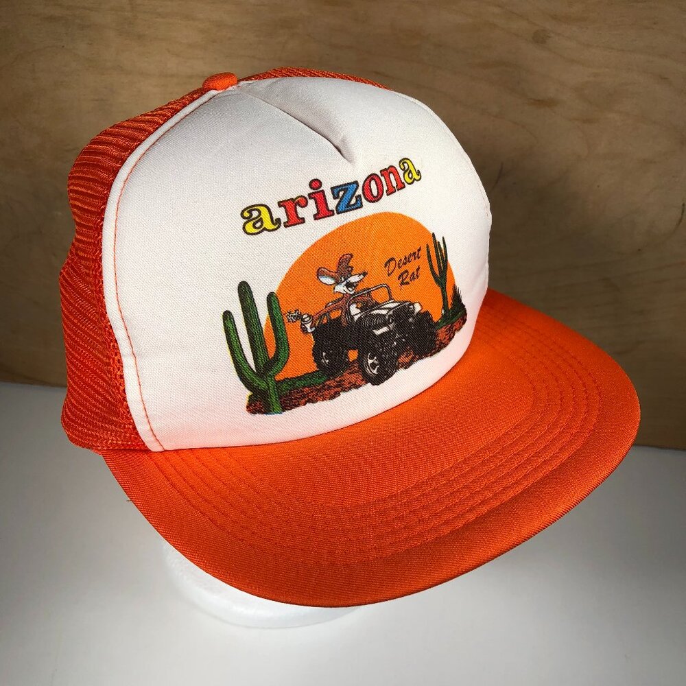Vintage Arizona Mesh Snapback Trucker Hat 80s 90s Orange White Desert Rat Taiwan